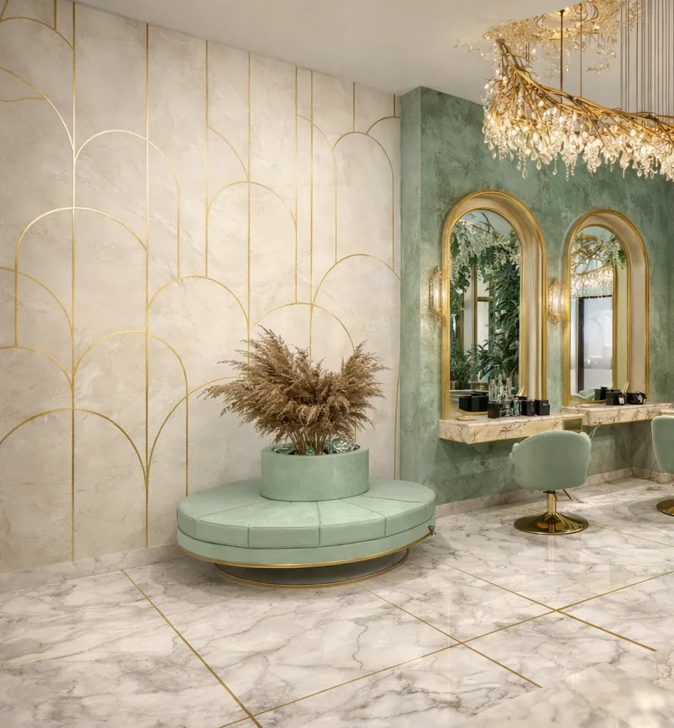 Salon lobby with gold accents and green marble details