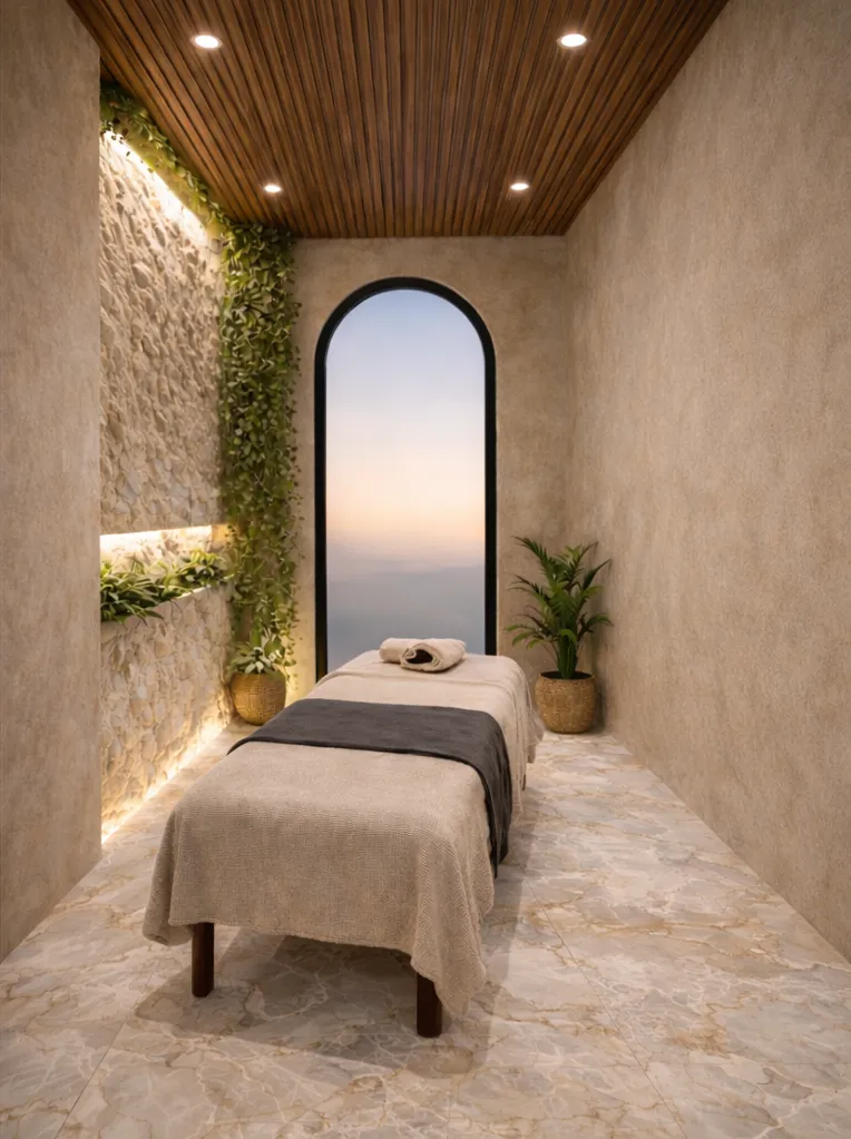 Private treatment rooms with ocean view and warm lighting